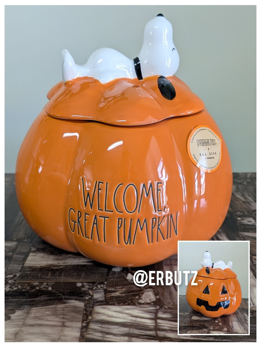 Rae Dunn x Peanuts Snoopy WELCOME GREAT PUMPKIN Large Pumpkin Shaped Canister 🎃
